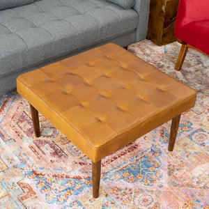 English Elm Mark Genuine Leather Button Tufted Square Ottoman Mid Century Modern Living Room B183P231901
