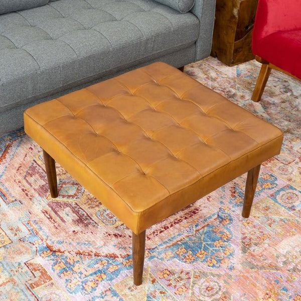 English Elm Mark Genuine Leather Button Tufted Square Ottoman Mid Century Modern Living Room B183P231901