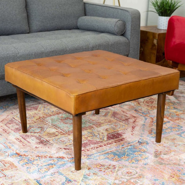 English Elm Mark Genuine Leather Button Tufted Square Ottoman Mid Century Modern Living Room B183P231901