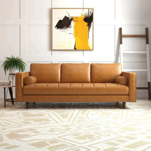 English Elm Catherine Mid-Century Modern Tan Leather Sofa Tufted Three-Seat Living Room Couch B183P231911