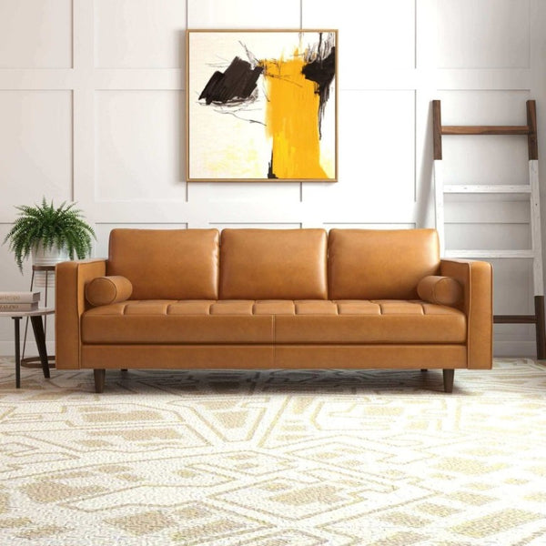 English Elm Catherine Mid-Century Modern Tan Leather Sofa Tufted Three-Seat Living Room Couch B183P231911