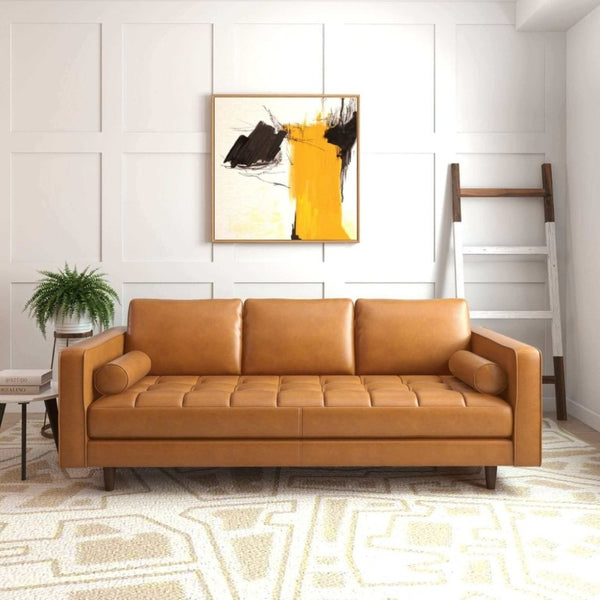 English Elm Catherine Mid-Century Modern Tan Leather Sofa Tufted Three-Seat Living Room Couch B183P231911