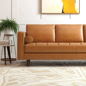 English Elm Catherine Mid-Century Modern Tan Leather Sofa Tufted Three-Seat Living Room Couch B183P231911