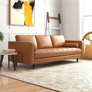 English Elm Catherine Mid-Century Modern Tan Leather Sofa Tufted Three-Seat Living Room Couch B183P231911