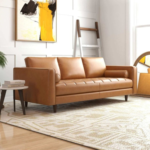English Elm Catherine Mid-Century Modern Tan Leather Sofa Tufted Three-Seat Living Room Couch B183P231911