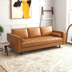 English Elm Catherine Mid-Century Modern Tan Leather Sofa Tufted Three-Seat Living Room Couch B183P231911