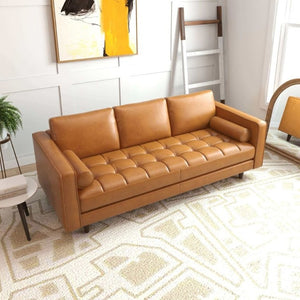 English Elm Catherine Mid-Century Modern Tan Leather Sofa Tufted Three-Seat Living Room Couch B183P231911