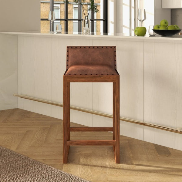 English Elm Gavin Mid-Century Genuine Leather Counter Stool with Tapered Solid Wood Legs in Tan B183P231925