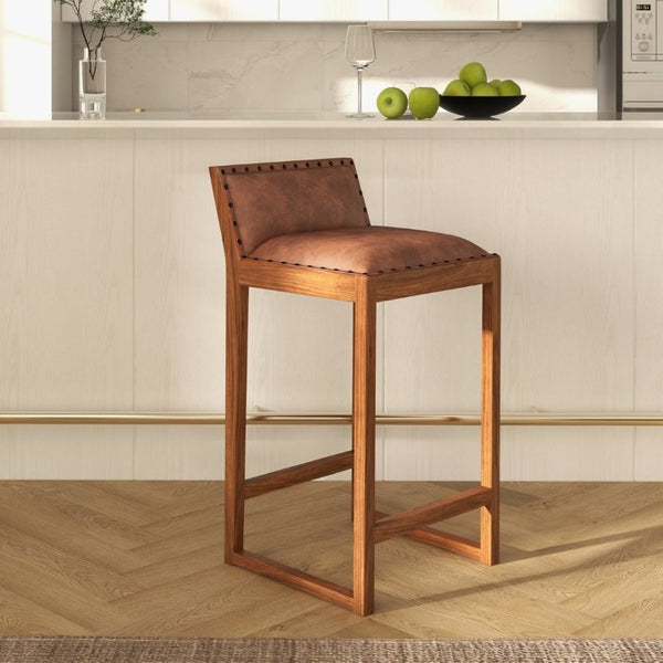 English Elm Gavin Mid-Century Genuine Leather Counter Stool with Tapered Solid Wood Legs in Tan B183P231925