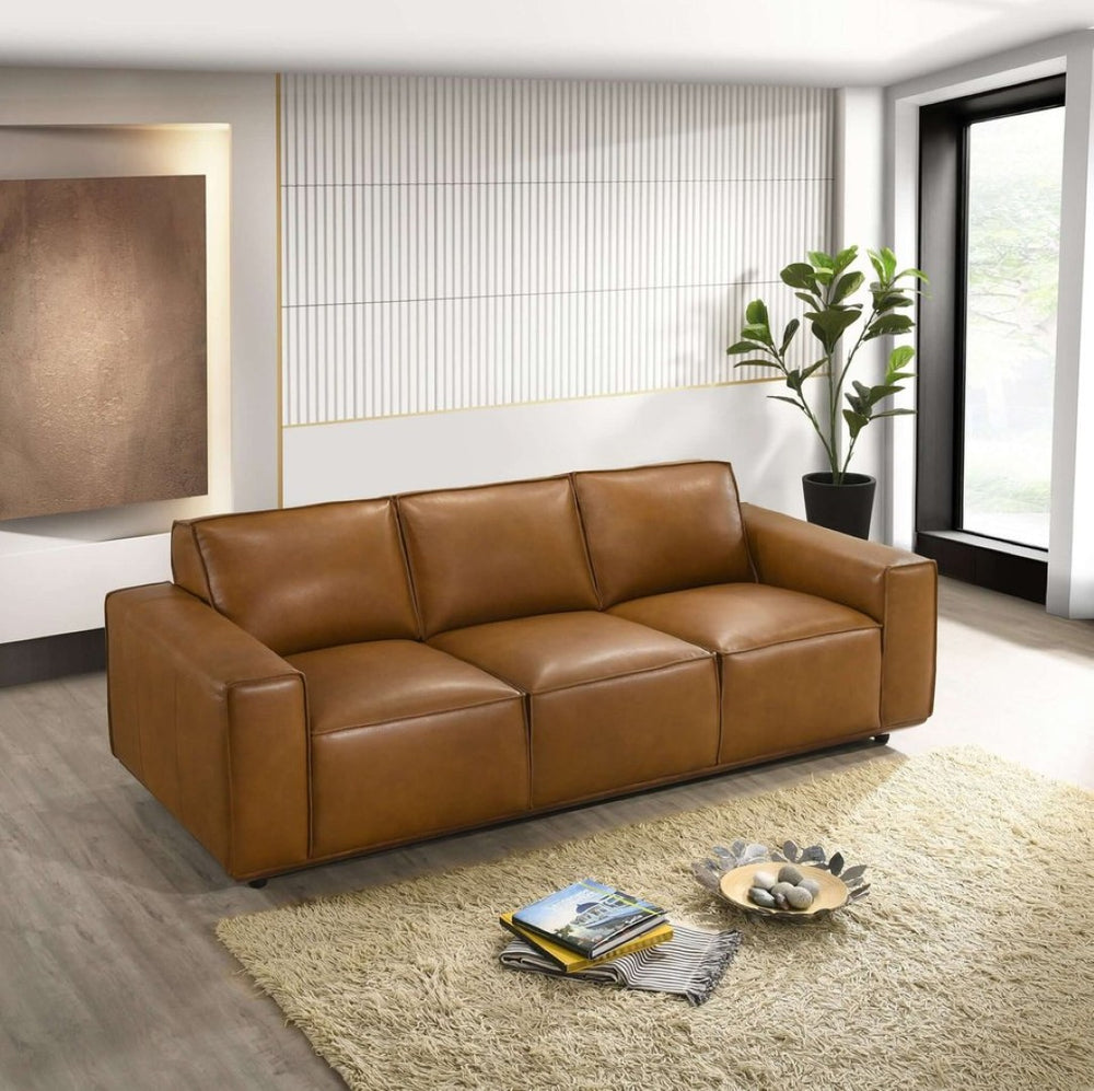 English Elm Hanky Genuine Leather Mid-century Modern Sofa with Solid Wood Frame for Living Room B183P231930