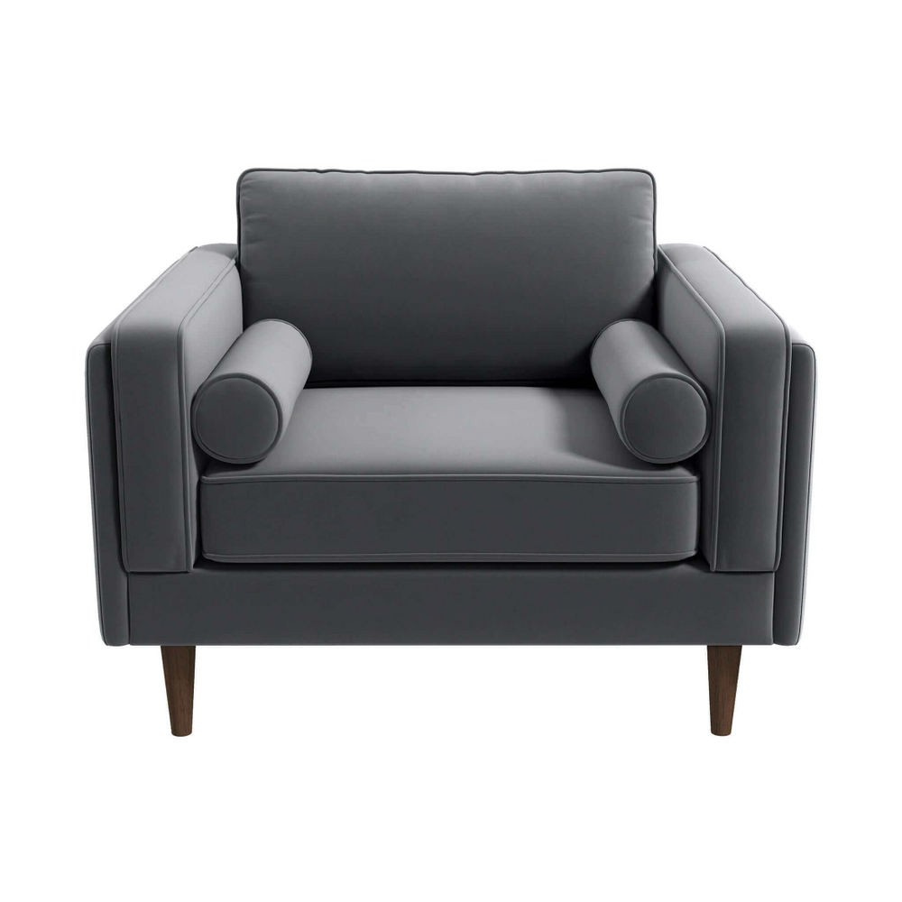 English Elm Amber Grey Velvet Mid-century Lounge Chair with Walnut Legs and Padded Squared Arms B183P231962