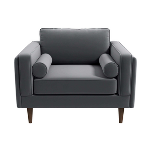 English Elm Amber Grey Velvet Mid-century Lounge Chair with Walnut Legs and Padded Squared Arms B183P231962