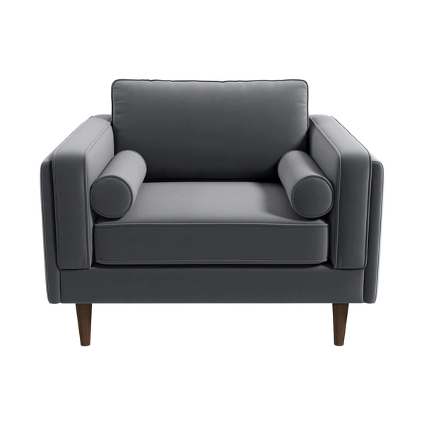 English Elm Amber Grey Velvet Mid-century Lounge Chair with Walnut Legs and Padded Squared Arms B183P231962