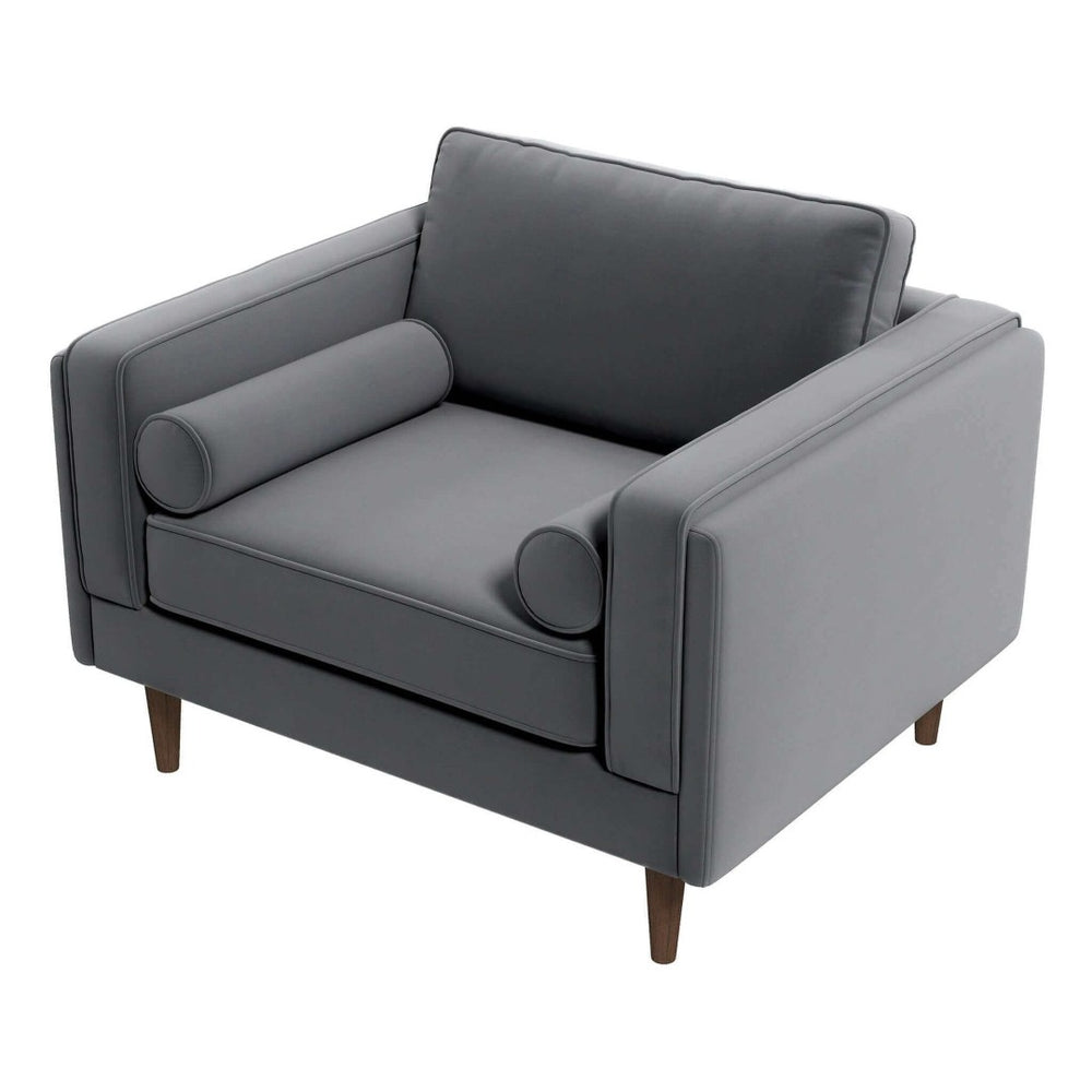 English Elm Amber Grey Velvet Mid-century Lounge Chair with Walnut Legs and Padded Squared Arms B183P231962