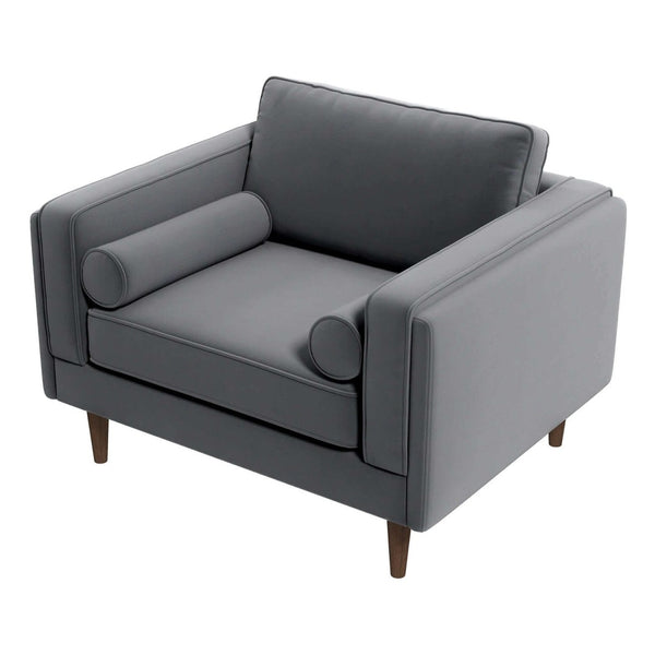 English Elm Amber Grey Velvet Mid-century Lounge Chair with Walnut Legs and Padded Squared Arms B183P231962