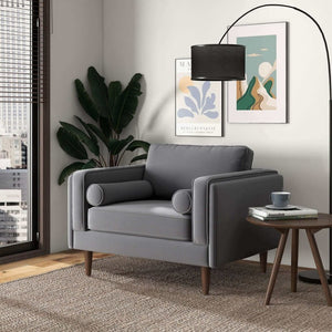 English Elm Amber Grey Velvet Mid-century Lounge Chair with Walnut Legs and Padded Squared Arms B183P231962