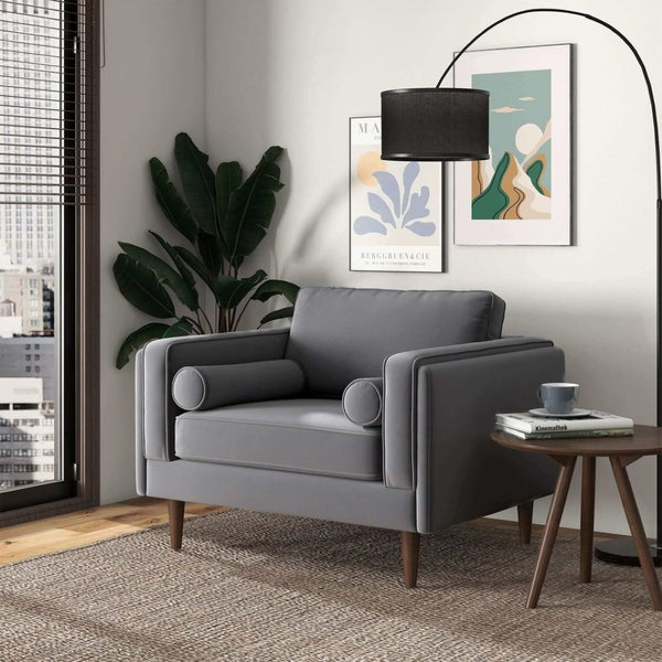 English Elm Amber Grey Velvet Mid-century Lounge Chair with Walnut Legs and Padded Squared Arms B183P231962