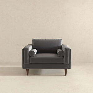 English Elm Amber Grey Velvet Mid-century Lounge Chair with Walnut Legs and Padded Squared Arms B183P231962