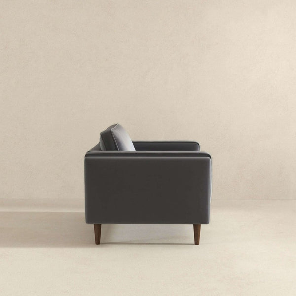 English Elm Amber Grey Velvet Mid-century Lounge Chair with Walnut Legs and Padded Squared Arms B183P231962