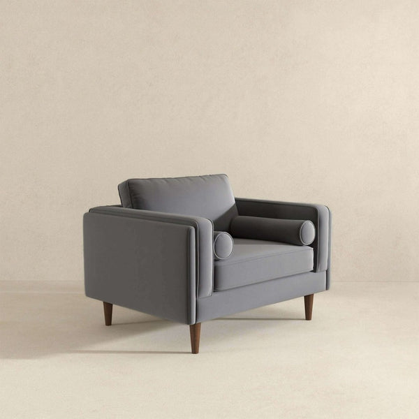 English Elm Amber Grey Velvet Mid-century Lounge Chair with Walnut Legs and Padded Squared Arms B183P231962