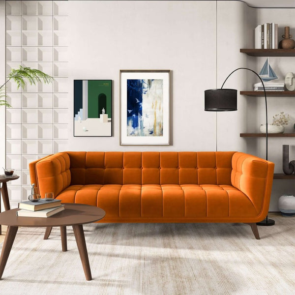 English Elm Addison Mid-century Modern Velvet Sofa with Walnut Wood Legs and Coil Spring Support B183P232029