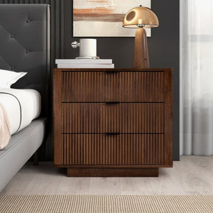 English Elm Lola Walnut Finish 3 Drawer Nightstand Solid Wood Bedside Storage for Bedroom B183P232074