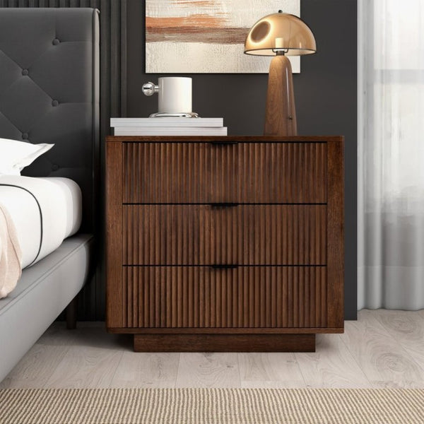 English Elm Lola Walnut Finish 3 Drawer Nightstand Solid Wood Bedside Storage for Bedroom B183P232074