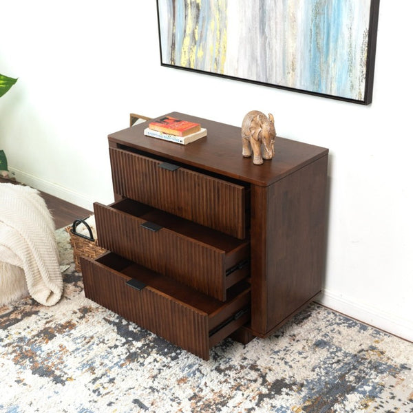 English Elm Lola Walnut Finish 3 Drawer Nightstand Solid Wood Bedside Storage for Bedroom B183P232074