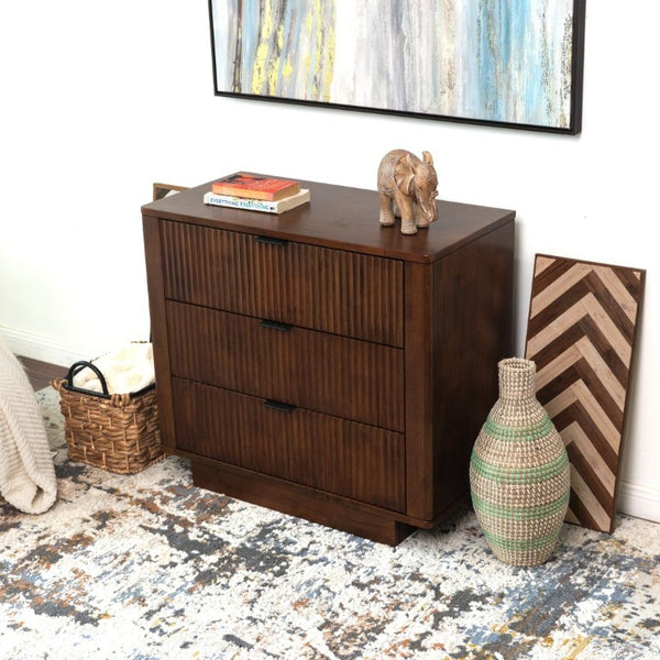 English Elm Lola Walnut Finish 3 Drawer Nightstand Solid Wood Bedside Storage for Bedroom B183P232074