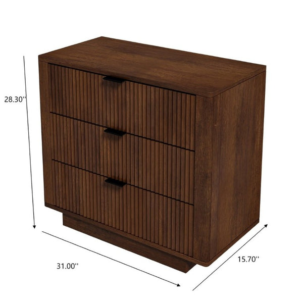 English Elm Lola Walnut Finish 3 Drawer Nightstand Solid Wood Bedside Storage for Bedroom B183P232074
