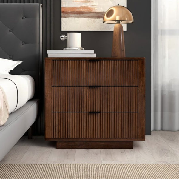 English Elm Lola Walnut Finish 3 Drawer Nightstand Solid Wood Bedside Storage for Bedroom B183P232074