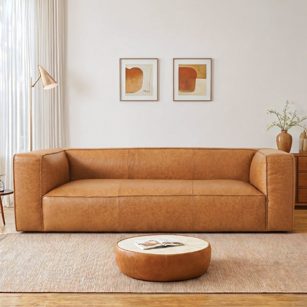 English Elm Colton Full Leather Sofa Mid-Century Modern Low Profile Living Room Seating B183P582310