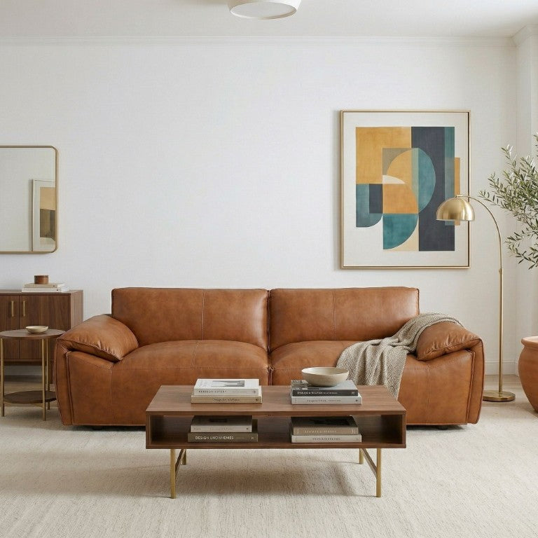 English Elm Laffey Top Grain Leather Sofa with Pillow Arm Modern Minimalist Living Room Seat B183P582312
