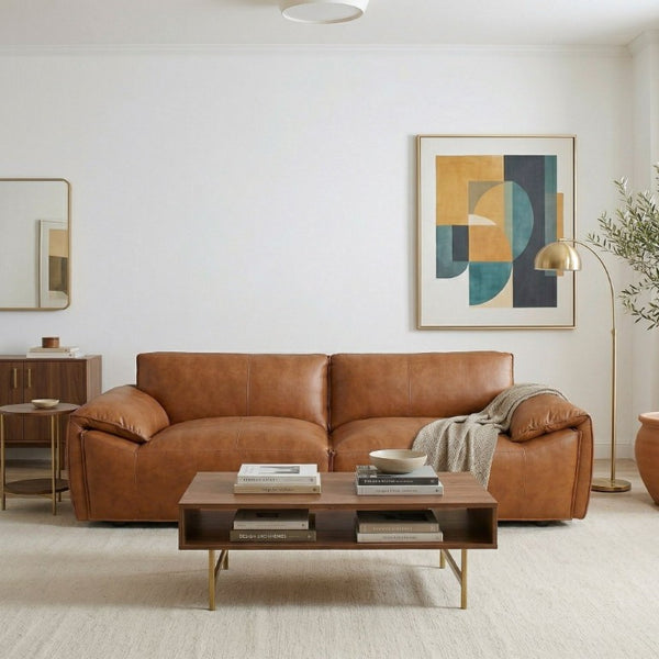 English Elm Laffey Top Grain Leather Sofa with Pillow Arm Modern Minimalist Living Room Seat B183P582312