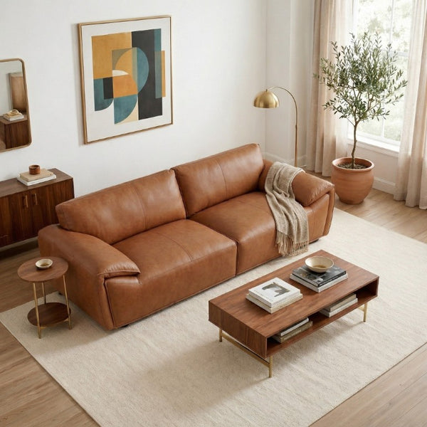 English Elm Laffey Top Grain Leather Sofa with Pillow Arm Modern Minimalist Living Room Seat B183P582312