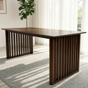 English Elm Frontignan Solid Wood Rectangular Dining Table with Ribbed Slab Legs in Walnut Finish B183P582315
