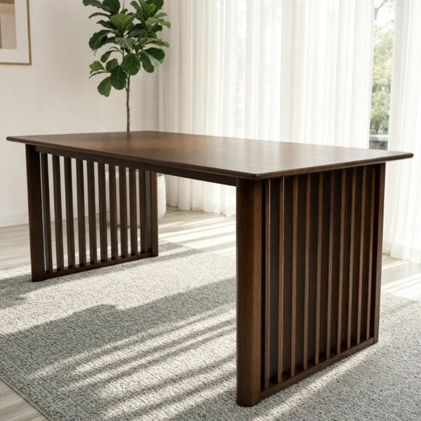 English Elm Frontignan Solid Wood Rectangular Dining Table with Ribbed Slab Legs in Walnut Finish B183P582315