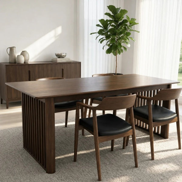 English Elm Frontignan Solid Wood Rectangular Dining Table with Ribbed Slab Legs in Walnut Finish B183P582315