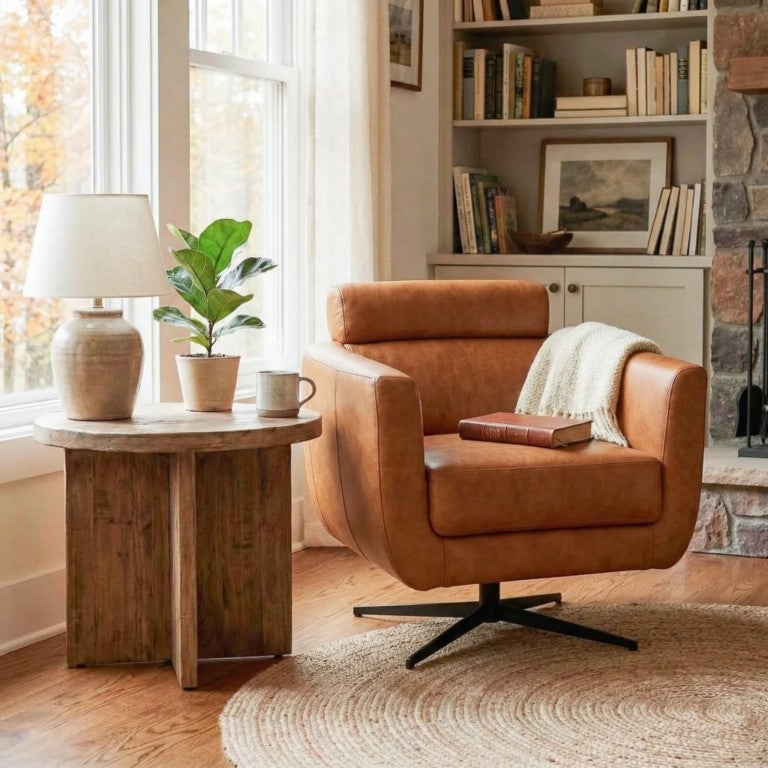 English Elm Helena Top-Grain Leather Swivel Lounge Chair with Ergonomic Support for Home Office B183P582316