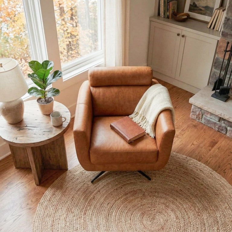 English Elm Helena Top-Grain Leather Swivel Lounge Chair with Ergonomic Support for Home Office B183P582316