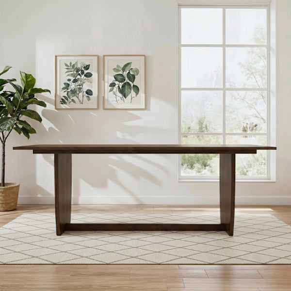English Elm Preston Solid Wood Rectangular Dining Table with Sculptural Trestle Base Walnut B183P582319