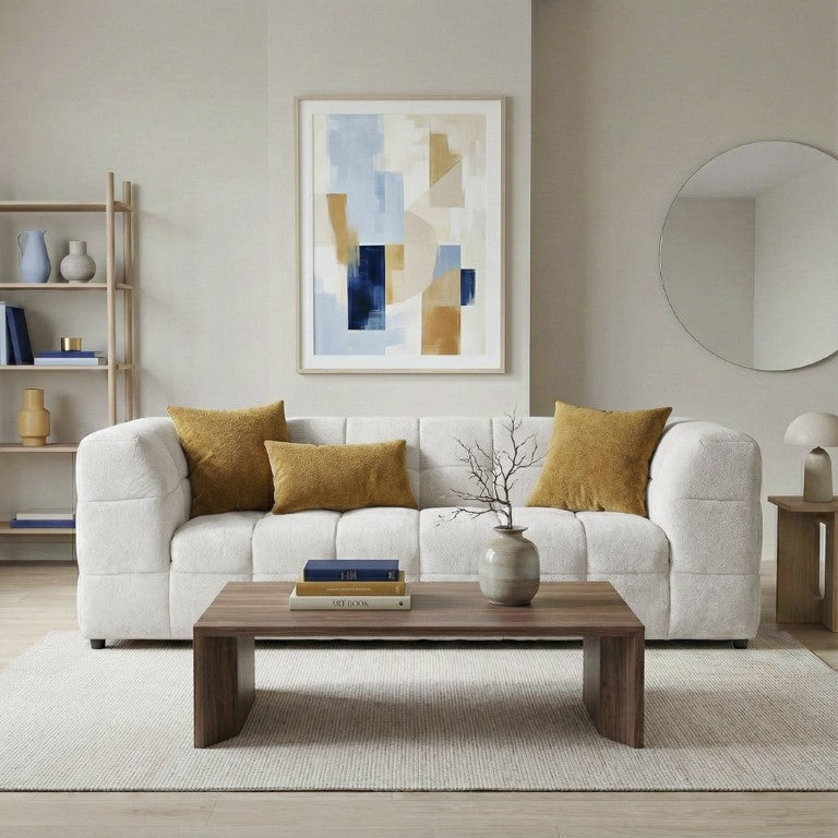 English Elm Swain Boucle Tufted Three Seat Sofa with Square Arms for Modern Living Rooms B183P582321