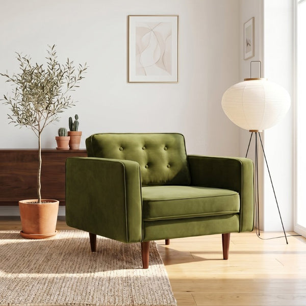 English Elm Casey Mid-Century Velvet Accent Armchair with Pillow Back and Solid Wood Legs B183P582323