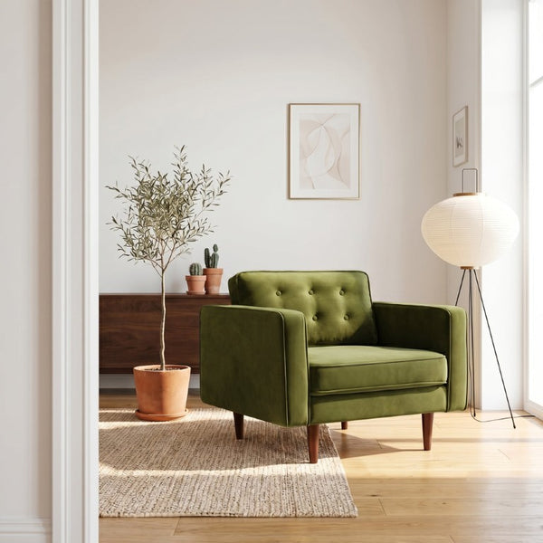 English Elm Casey Mid-Century Velvet Accent Armchair with Pillow Back and Solid Wood Legs B183P582323