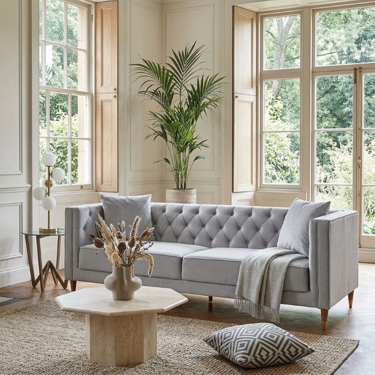 English Elm Chalky Tufted Velvet Sofa with Foam Cushions and Block Legs for Modern Living Rooms B183P582325