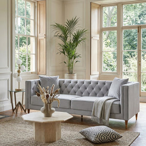 English Elm Chalky Tufted Velvet Sofa with Foam Cushions and Block Legs for Modern Living Rooms B183P582325