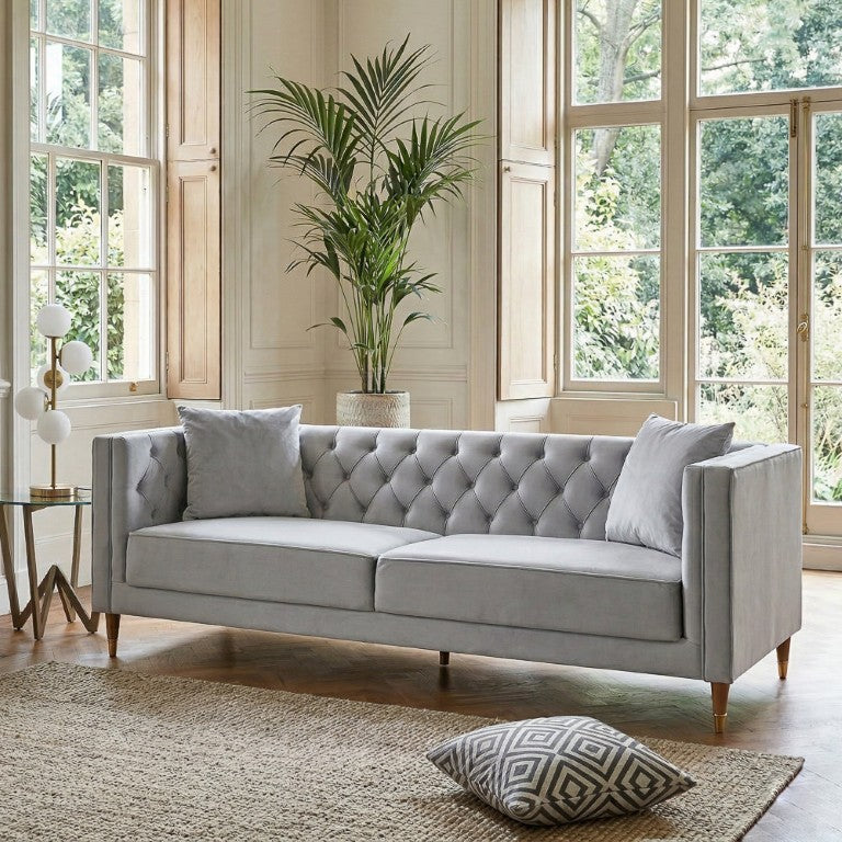 English Elm Chalky Tufted Velvet Sofa with Foam Cushions and Block Legs for Modern Living Rooms B183P582325