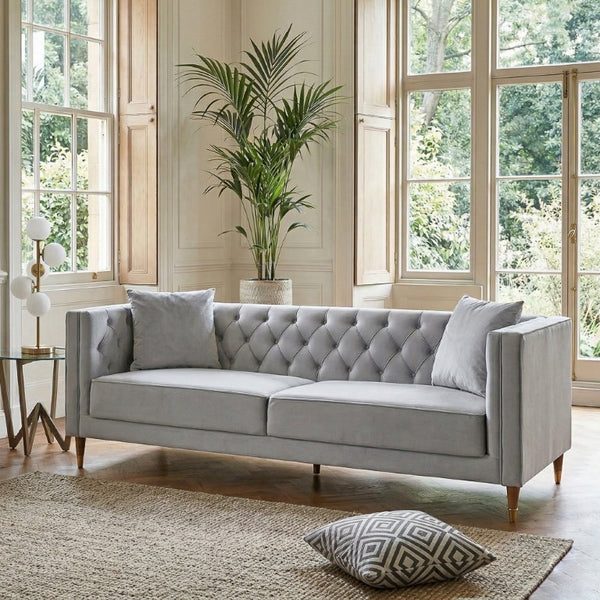 English Elm Chalky Tufted Velvet Sofa with Foam Cushions and Block Legs for Modern Living Rooms B183P582325