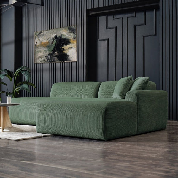 English Elm Mar Right Facing L Shaped Sectional Sofa in Textured Green Corduroy Mid Century Style B183S00098