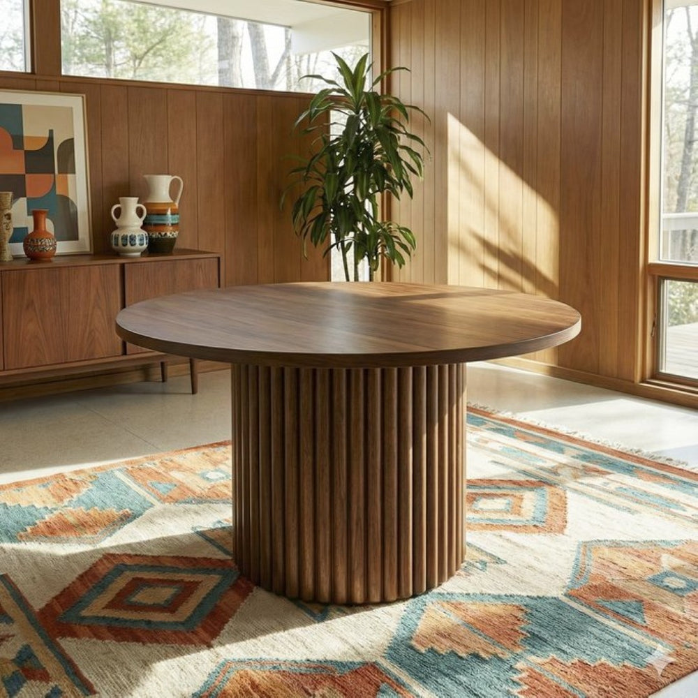 English Elm Merlin Solid Walnut Round Pedestal Dining Table Seats Four with Ribbed Base B183S00225